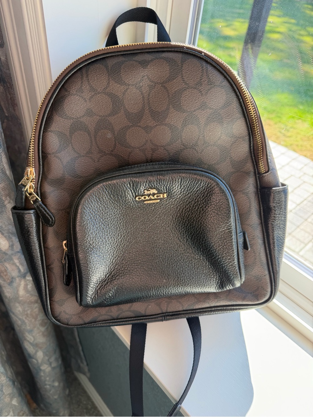Coach Brown Signature Monogram & Black Leather Mini Backpack with Gold Hardware